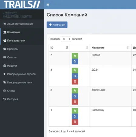 Интерфейс Trails: компании и проекты внутри почтового трекера задач